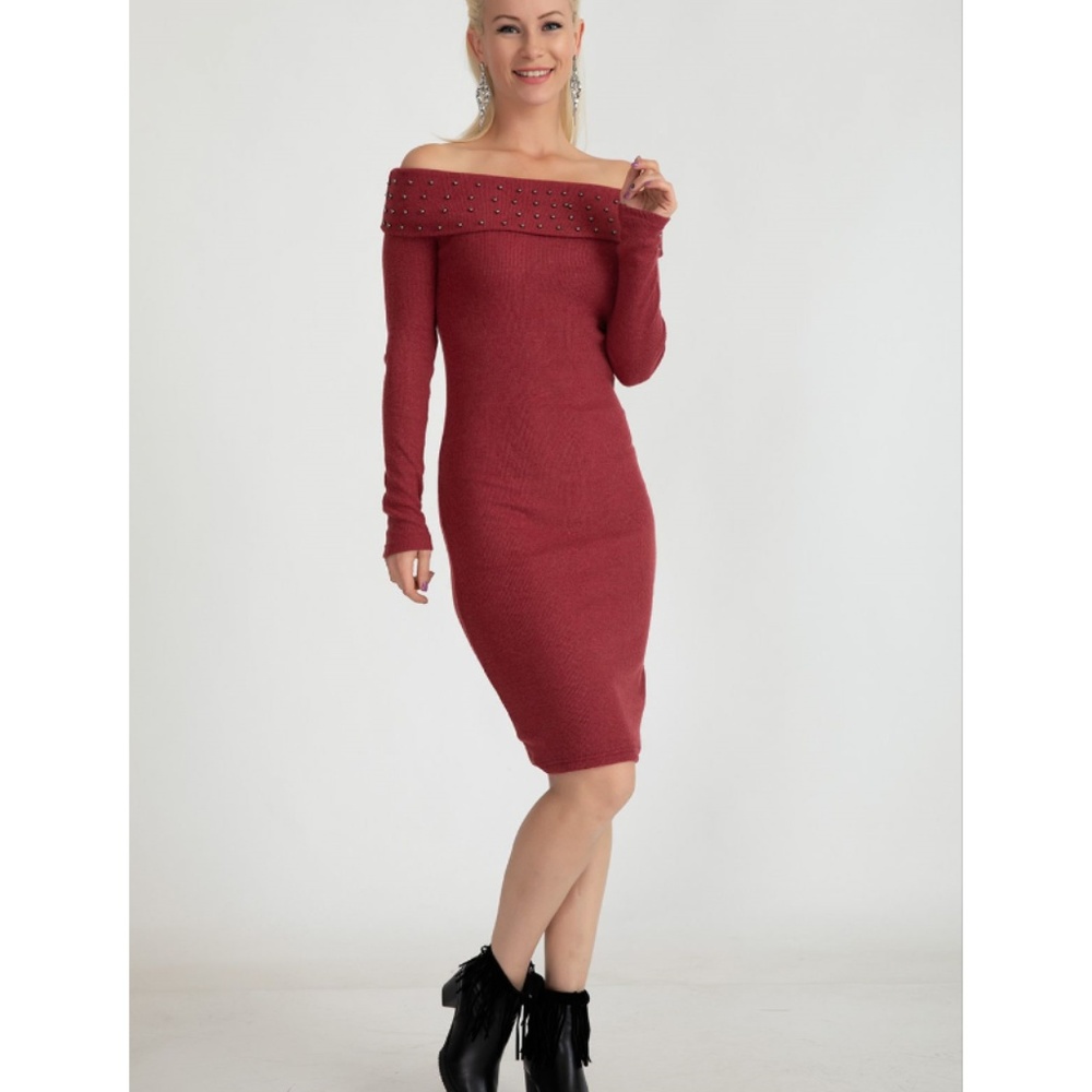 off the shoulder ribbed sweater dress - Picture 3 of 4